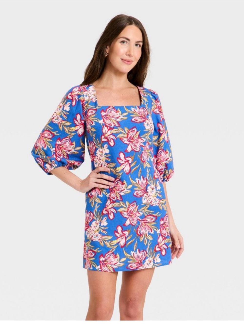 a new day Blue Floral Square-Neck Puff-Sleeve Mini Dress-